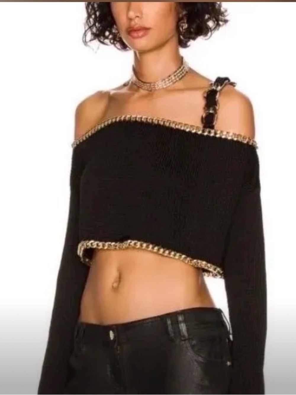 Balmain Black Cropped Off-Shoulder Sweater with Chain Trim